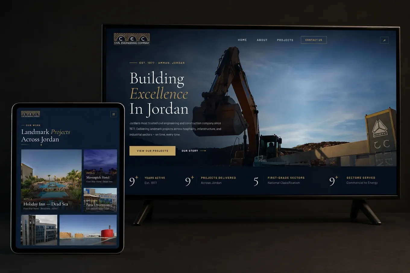 The CEC civil-engineering website on a desktop monitor and tablet, showing a construction hero and the headline Building Excellence in Jordan.