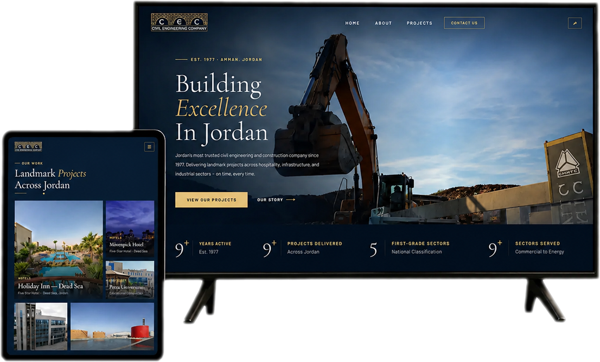 The CEC civil-engineering website on a desktop monitor and tablet, showing a construction hero and the headline Building Excellence in Jordan.