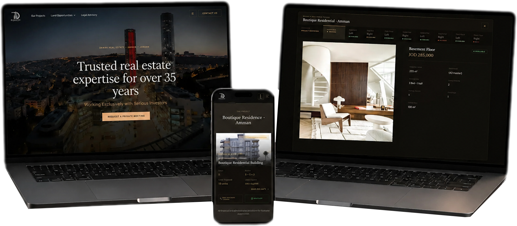 The Dwaik Estate website on two laptops and a phone, showing a dusk Amman skyline hero and a boutique residence property page.
